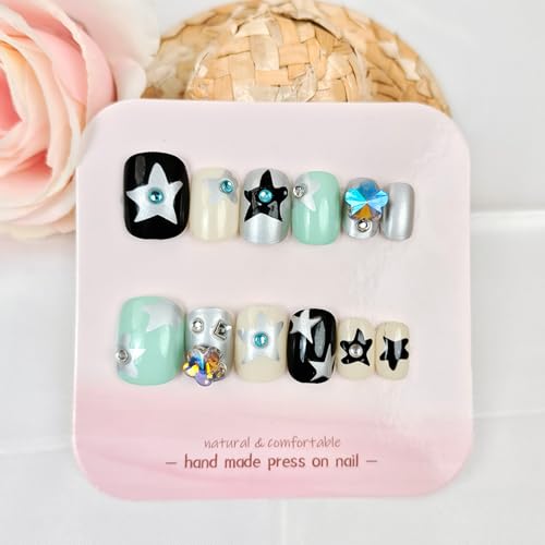 Y2K Short Square Press on Nails with Silver Star Rhinestones, 24 Pcs