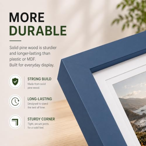 QOTIB 8x8 Solid Wood Picture Frame - Navy Frame with 4x4 & 6x6 Double Mats