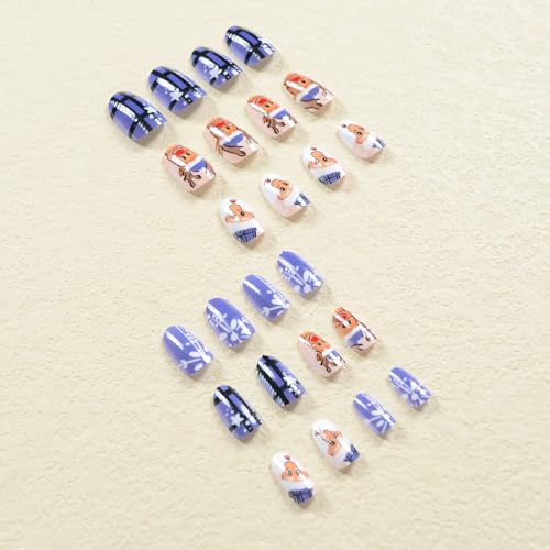 SWEKKE Christmas Press on Nails Short Round Winter Fake Nails Blue Glossy