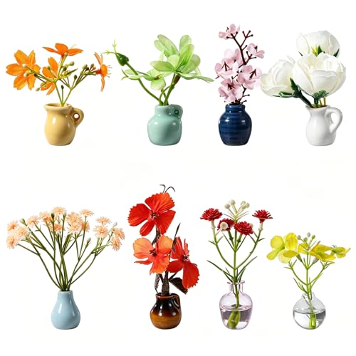 8-Piece Mini Vase Magnet Set with Artificial Flowers - Ceramic & Glass