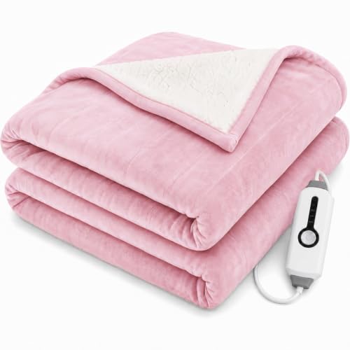 Electric Heated Blanket King Light Pink Coral Fleece & Sherpa 90x100 in - Dual-Sided Comfort