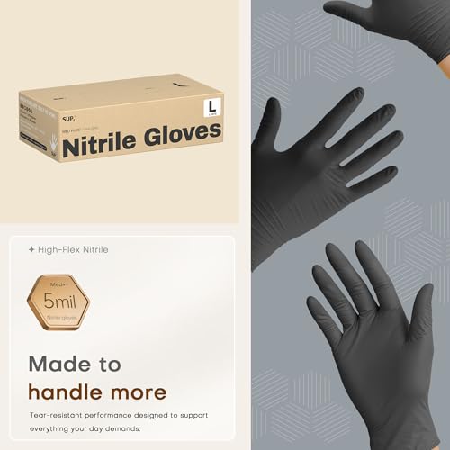 SUP MED+ Black Nitrile Exam Gloves - 5 Mil Disposable, Latex-Free