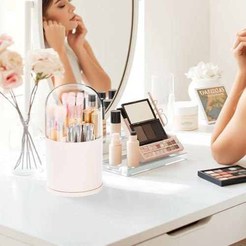 Yieach Rotating Makeup Brush Holder with Lid - 6-Compartment Pink Organizer
