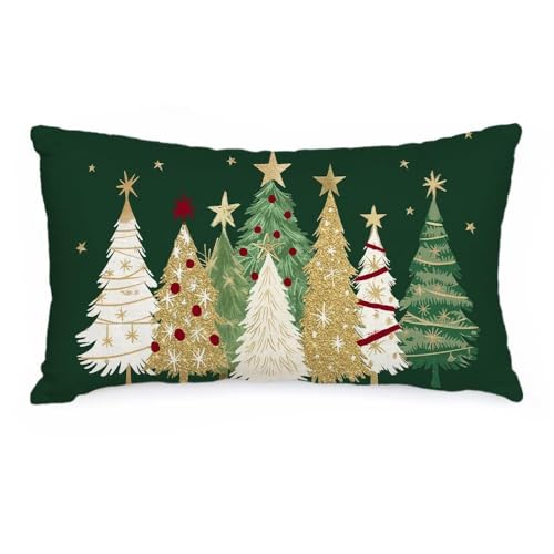 Christmas Pillow Cover 12x20 Inch - Watercolor Tree & Stars Decor