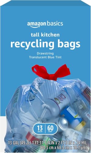 Amazon Basics Blue 13-Gallon Recycling Drawstring Trash Bags Pack of 60