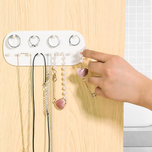 KALIONE Wall Mounted Necklace Holder with 6 Hooks - White Plastic Organizer