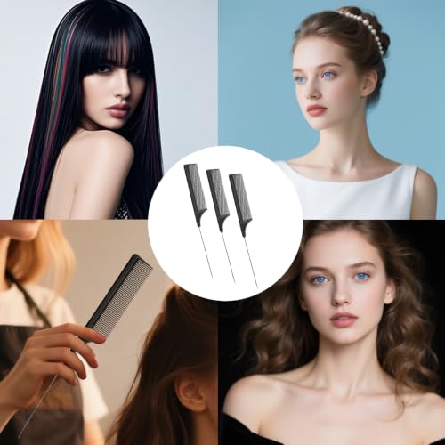 YANTAISIYU 3 Pcs Carbon Fiber Rat Tail Combs with Stainless Steel Pins