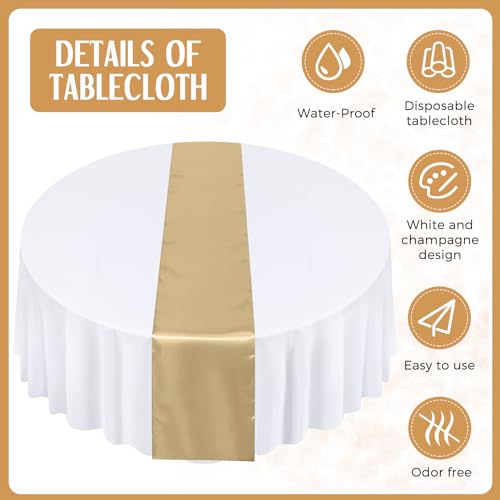 Tudomro 16 Pcs White and Gold Tablecloth & Satin Runner Set - Wedding & Party Decor