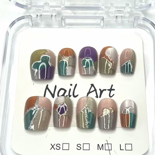 Handmade Press on Nails Medium Square Acrylic False Nails with Grid Design