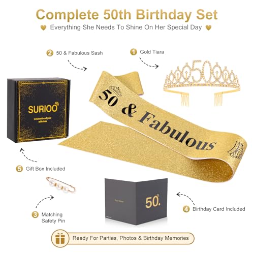 Gold 50th Birthday Decorations Set for Women | Tiara & Sash with Gift Box - SURIOO