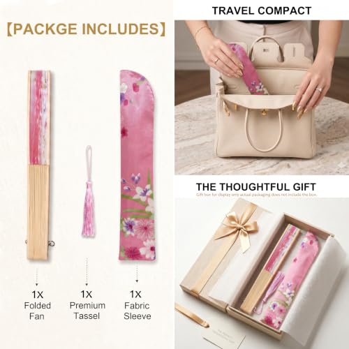 Pink Japanese Folding Hand Fan for Women - Bamboo Silk with Pouch