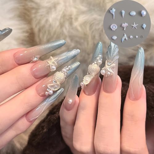 3D Aurora Ocean Nail Charms Set Summer Beach Seashell Star Resin Gems