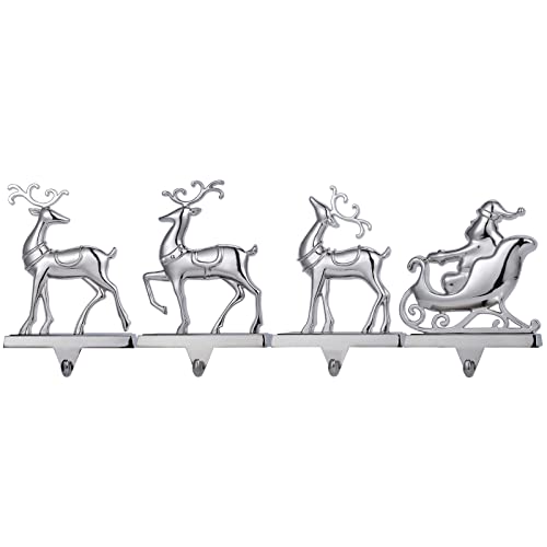Christmas Stocking Holders Set of 4 - Reindeer & Sleigh Design for Fireplace Mantel