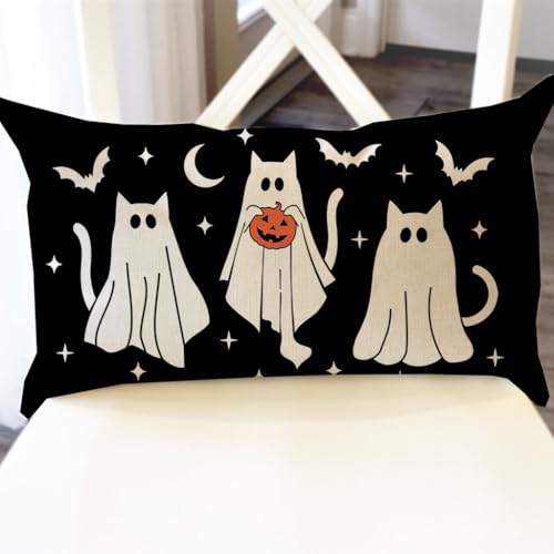 PANDICORN Halloween Throw Pillow Cover 12x20 Cute Ghost Cat - Black
