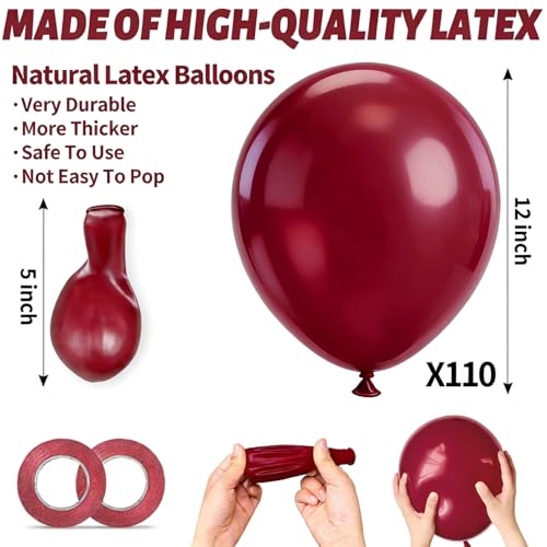 KUULBELA 110pcs Burgundy Red Balloons 12 Inch with Ribbons - Birthday & Party Decorations