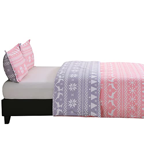 King Size Reversible Microfiber Duvet Cover Set with Zipper & Corner Ties - Pink & Grey