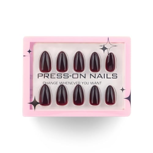 Dark Red Short Almond Press on Nails Glossy Solid Color False Acrylic Nails 30 Pcs