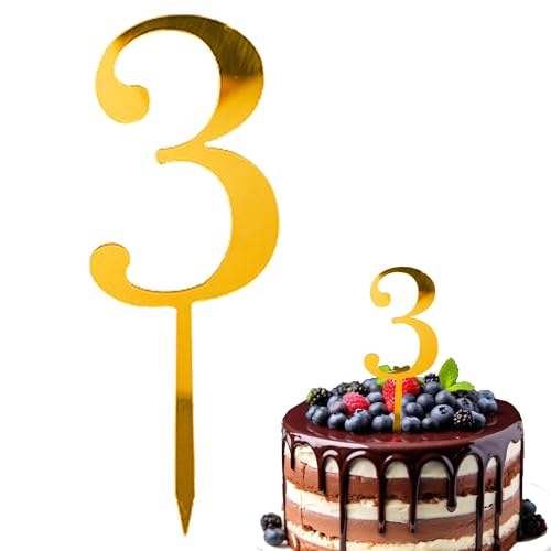 Gold Acrylic Number 3 Cake Topper for Birthdays & Weddings