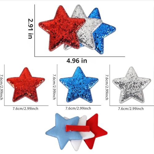 Patriotic Star Hair Clips Set 4 Pcs Red White Blue Glitter Hair Pins