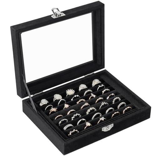 Velvet Jewelry Organizer Box with Glass Lid - 7 Slot Ring and Earring Holder