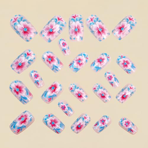 Medium Square Press On Nails Floral Design 24 Pcs