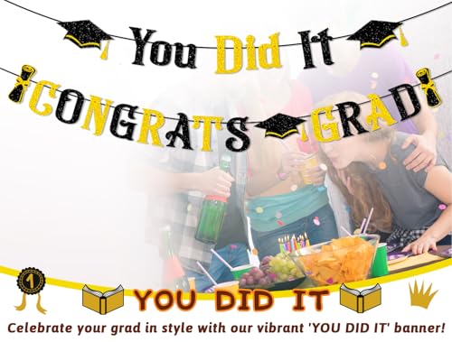 Congrats Grad Banner Set - Black & Gold Graduation Decorations