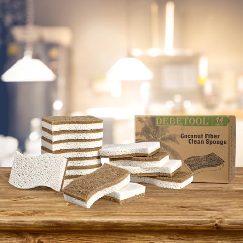 DEBETOOL 14-Pack Natural Coconut Cellulose Sponges - S Shape Eco-Friendly Kitchen Cleaning Set