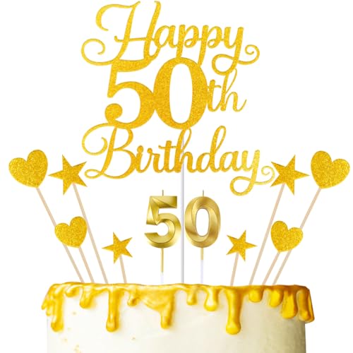 50th Birthday Cake Decorations - Glitter Happy 50th Toppers & Candles
