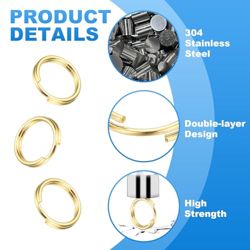 PATIKIL 8mm Gold Split Rings 20 Pcs Double Loop Stainless Steel Key Rings for Jewelry Making and DIY Crafts