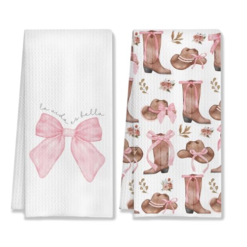 Coquette Pink Bow Kitchen Towels Set of 2 - Rustic Cowgirl Design