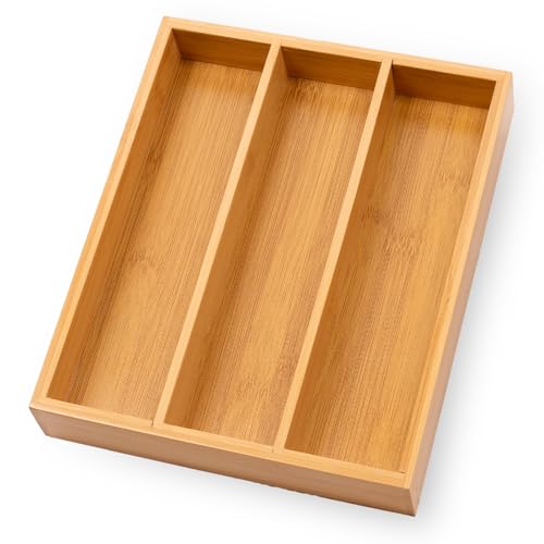 Fibogollo Bamboo Silverware Organizer - Natural 3 Compartment Utensil Tray