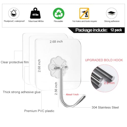 ZESLMG 12 Pack Large Adhesive Wall Hooks - Heavy Duty Removable Sticky Hooks