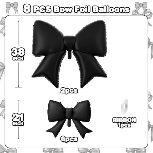 8Pcs Black Bow Foil Balloons Set - 38 Inch and 21 Inch Party Decorations