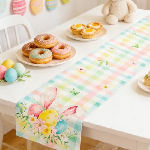 Easter Table Runner 13x72 Inch Pastel Plaid Linen with Bunny Ears and Spring Florals