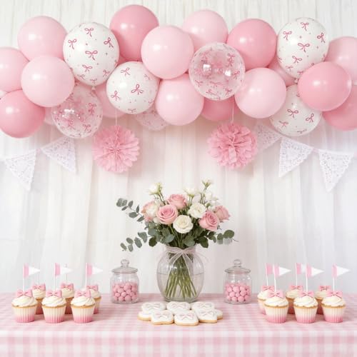Kafeli Pink Bow Latex Balloons Set - 12in, 60pcs Party Decorations, Pink & White