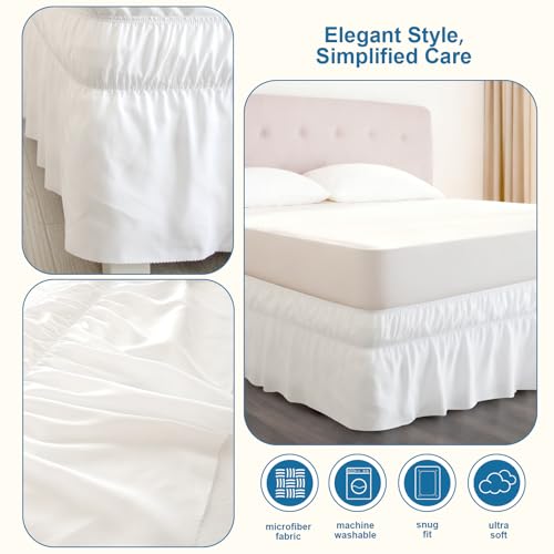 Queen Bed Skirt with Elastic Straps - Ruffle Design, White, 16" Drop