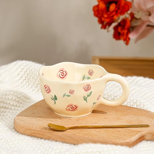Ceramic Coffee Mug 9 oz Pink Rose Floral Tea Cup - Handcrafted Kitchen Drinkware