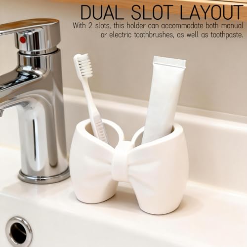 Pink Bow Toothbrush Holder with 2 Slots - Decorative Storage for Bathroom & Office
