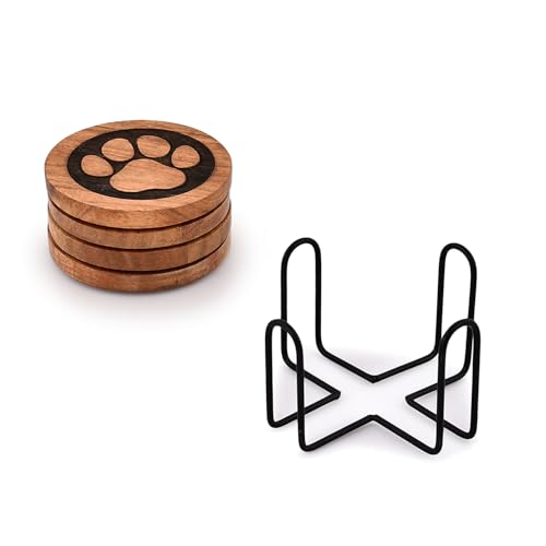 Kimona Set of 4 Wooden Paw Coasters with Iron Holder