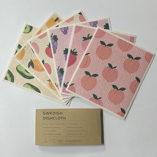 Super Absorbent Swedish Dishcloths 6-Pack - Biodegradable Kitchen Towels with Fruit Prints
