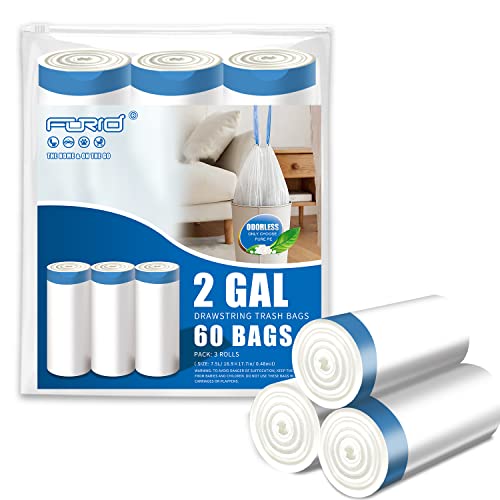 FORID 2 Gallon Small Trash Bags - 60 Count Drawstring Bathroom Liners