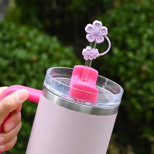 4 Pcs Cherry Blossom Straw Topper for Stanley Cup Accessories,Silicone straw topper for Stanley 30&40 Oz Tumbler,Reusable Flower straw cover fits perfectly with all types of 10mm/0.4in