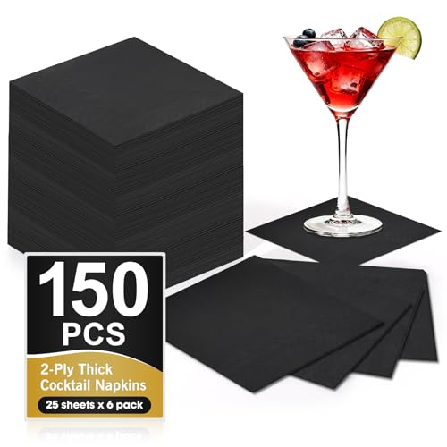 150 Count Black Cocktail Napkins - 2-Ply Disposable Napkins for Parties