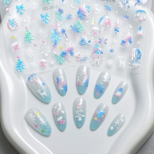 5D Christmas Nail Stickers Embossed Snowflake Holiday Nail Decals 5 Sheets
