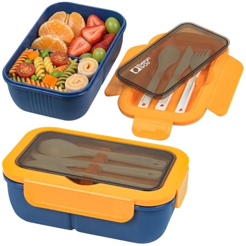 Everyn & Co. Leak-Proof Bento Lunch Box with Utensils - Navy Blue & Yellow