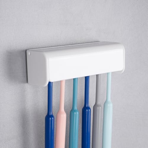 LUEXBOX White 6 Slots Wall Mount Toothbrush Holder with Cover - Self Adhesive Bathroom Storage Organizer - 1 Pack