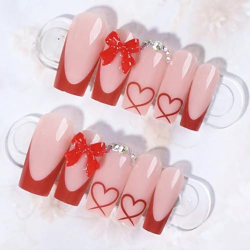 French Tip Press on Nails Square 3D Bow Rhinestone False Nails