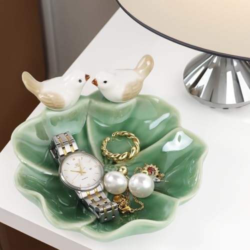 Fordonral Ceramic Bird & Lotus Leaf Jewelry Tray - Green