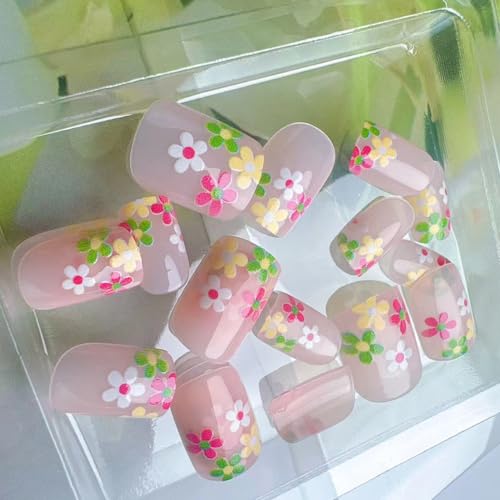 BSBTBZ Flower Press-on Nails Short Square Glossy Acrylic French Tip False Nails
