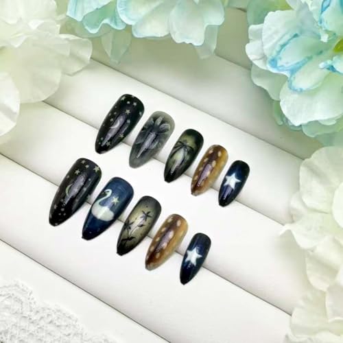 Medium Almond Press on Nails Star Moon Bow Glossy Acrylic Fake Nails